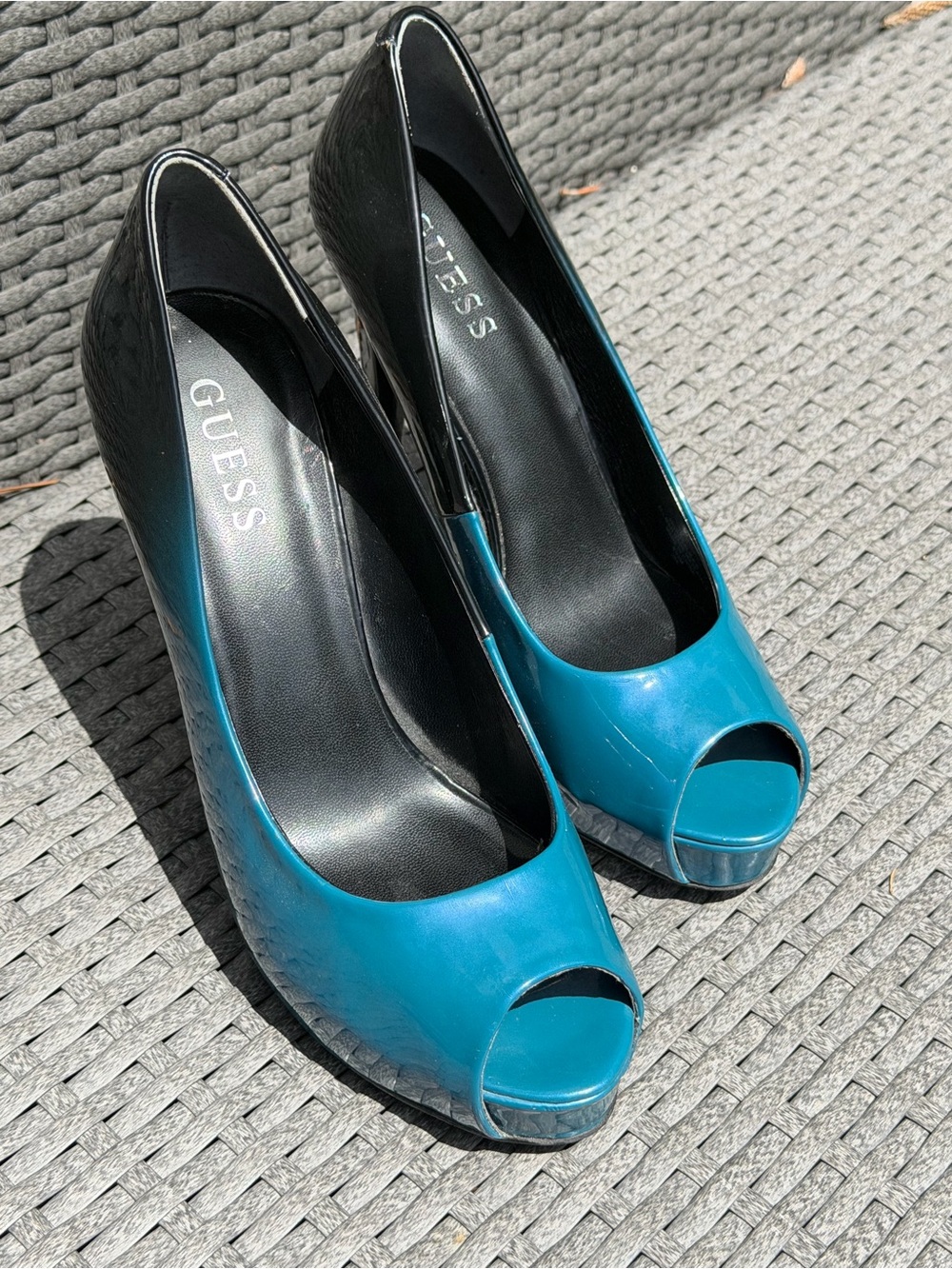 GUESS Teal Peep-Toe Patent Platform Pumps